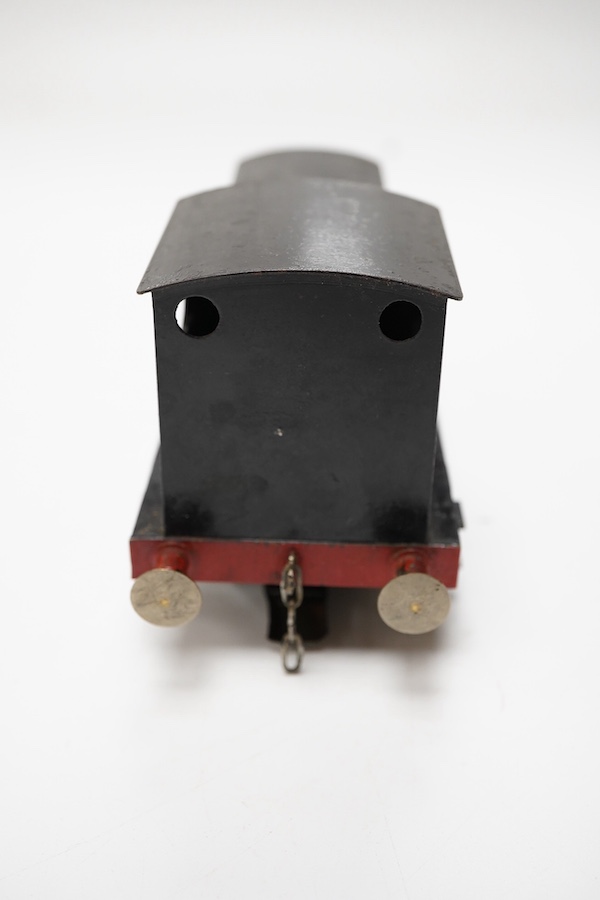 An 0 gauge railway tinplate Bonds 0-6-0 diesel Hunslet shunter, 4, for 3-rail running, with alterations to the motor and a new centre shoe adaptation